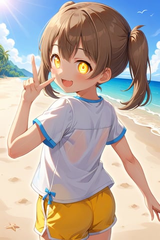 loli hypnotized, happy_face, yellow eyes, brown hair, side_view, twin_tails, beach, white shirt, yellow short pants, peace fingers