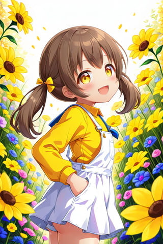 loli hypnotized, happy_face, yellow eyes, brown hair, side_view, twin_tails, flowers garden, yellow shirt, white overalls, 