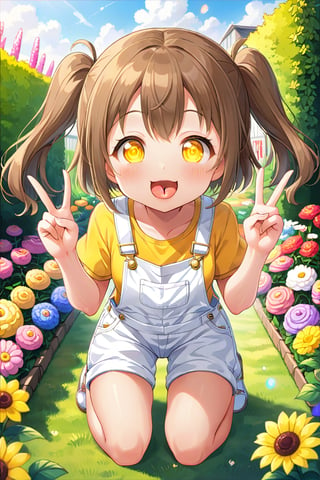 loli hypnotized, happy_face, yellow eyes, brown hair, front_view, twin_tails, flowers garden, yellow shirt, white overalls, crouched, peace fingers, sticking_out_tongue