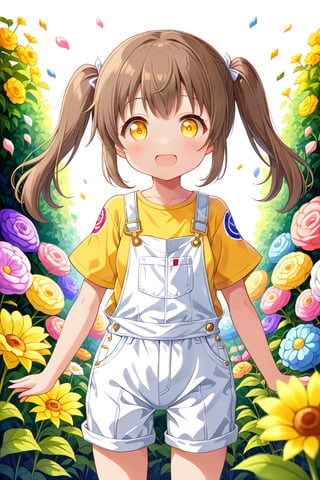 loli hypnotized, happy_face, yellow eyes, brown hair, front_view, twin_tails, flowers garden, yellow shirt, white overalls, 