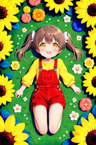 loli hypnotized, happy_face, yellow eyes, brown hair, front_view, twin_tails, flowers garden, yellow shirt, red overalls, lying