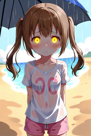 loli hypnotized, sad_face, yellow eyes, brown hair, front_view, twin_tails, rain beach, white shirt, pink short pants, 