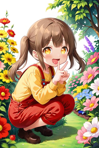 loli hypnotized, happy_face, yellow eyes, brown hair, side_view, twin_tails, flowers garden, yellow shirt, red overalls, squatting, sticking_out_tongue, peace fingers