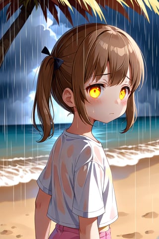 loli hypnotized, sad_face, yellow eyes, brown hair, side_view, twin_tails, rain beach, white shirt, pink short pants, 