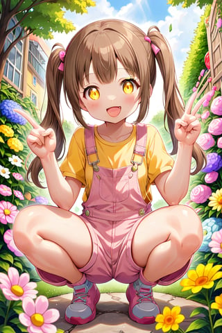 loli hypnotized, happy_face, yellow eyes, brown hair, front_view, twin_tails, flowers garden, yellow shirt, pink overalls, squatting, peace fingers, sticking_out_tongue