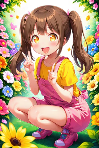 loli hypnotized, happy_face, yellow eyes, brown hair, side_view, twin_tails, flowers garden, yellow shirt, pink overalls, crouched, peace fingers, sticking_out_tongue