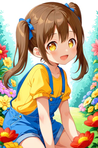 loli hypnotized, happy_face, yellow eyes, brown hair, side_view, twin_tails, flowers garden, yellow shirt, blue overalls, crouched