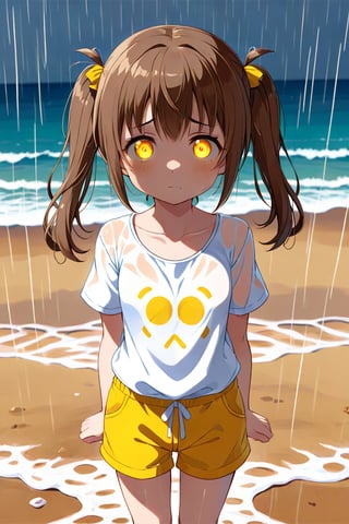 loli hypnotized, sad_face, yellow eyes, brown hair, front_view, twin_tails, rain beach, white shirt, yellow short pants, 