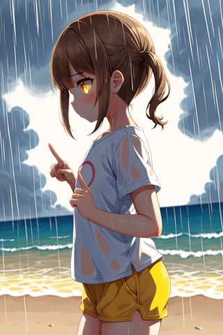 loli hypnotized, sad_face, yellow eyes, brown hair, side_view, twin_tails, rain beach, white shirt, yellow short pants, peace fingers