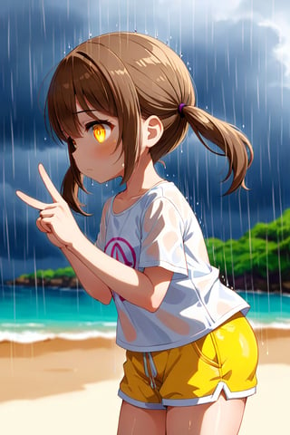 loli hypnotized, sad_face, yellow eyes, brown hair, side_view, twin_tails, rain beach, white shirt, yellow short pants, peace fingers