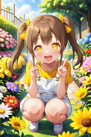 loli hypnotized, happy_face, yellow eyes, brown hair, front_view, twin_tails, flowers garden, yellow shirt, white overalls, squatting, peace fingers, sticking_out_tongue