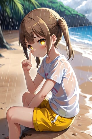 loli hypnotized, sad_face, yellow eyes, brown hair, side_view, twin_tails, rain beach, white shirt, yellow short pants, sitting, peace fingers