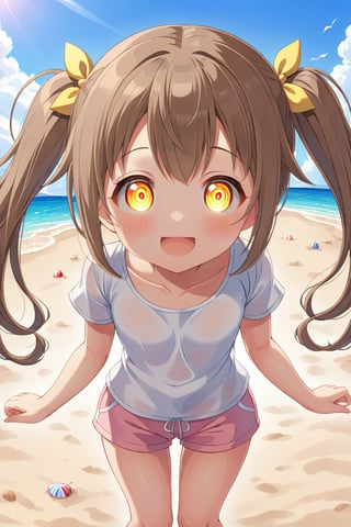 loli hypnotized, happy_face, yellow eyes, brown hair, front_view, twin_tails, beach, white shirt, pink short pants, 