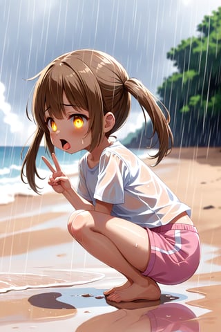 loli hypnotized, sad_face, yellow eyes, brown hair, side_view, twin_tails, rain beach, white shirt, pink short pants, crouched, sticking_out_tongue, peace fingers