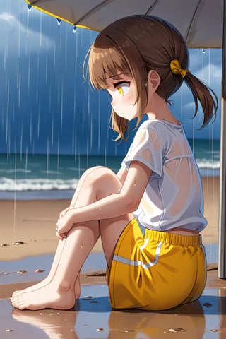 loli hypnotized, sad_face, yellow eyes, brown hair, side_view, twin_tails, rain beach, white shirt, yellow short pants, sitting