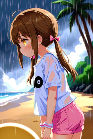 loli hypnotized, sad_face, yellow eyes, brown hair, side_view, twin_tails, rain beach, white shirt, pink short pants, 