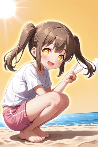 loli hypnotized, happy_face, yellow eyes, brown hair, side_view, twin_tails, beach, white shirt, pink short pants, squatting, peace fingers