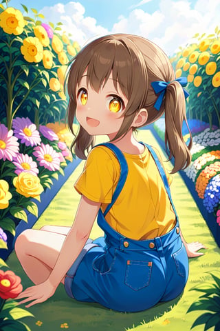 loli hypnotized, happy_face, yellow eyes, brown hair, side_view, twin_tails, flowers garden, yellow shirt, blue overalls, sitting