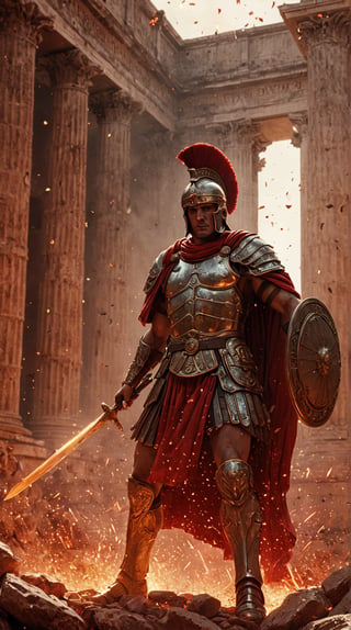 Visualize a Roman Praetorian Guard soldier in the heat of battle, protecting his emperor with unwavering loyalty. Clad in detailed, ornate armor and a crimson cloak, he engages in close combat, his gladius flashing. Particles and embers fill the air, adding to the scene's intensity. The background features the grandeur of ancient Rome, with towering columns and statues, creating a breathtaking image that highlights the power and discipline of this elite soldier.