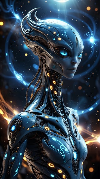 dynamic shot, dynamic pose.

An ethereal alien resembling Meta’s (Facebook) vision of a connected world, with smooth, blue skin and a glowing "f" emblem on its chest, hovers gracefully. Its large, luminous eyes convey a sense of connectivity and understanding. The background is a swirling, cosmic network of interconnected stars and galaxies, symbolizing Meta’s ambition to connect everyone. Bokeh effects disperse light particles, creating a dreamy, immersive environment. Glare and lens flare highlight the alien's sleek contours, while electric sparks and cinematic light add a dynamic energy. Floating particles enhance the mystic, interconnected ambiance of the scene.

Bokeh background, dynamic background

(best quality, 4K, 8K, high-resolution, masterpiece), ultra-detailed, realistic, photorealistic, intricate design, vibrant colors, detailed facial expression, otherworldly appearance, glowing elements, complex patterns, high contrast, dynamic lighting, cinematic composition, high detail, high resolution.