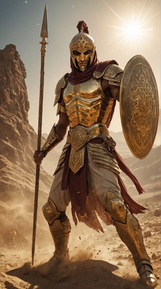 Generate an image of an Immortal of Persia in the midst of a fierce battle, his iconic golden mask and scale armor reflecting the sunlight. He stands in a powerful pose, spear and shield at the ready, with particles and dust surrounding him. The background depicts the arid, rugged terrain of Persia, with ancient structures and a dramatic sky, immersing viewers in a scene of legendary combat.