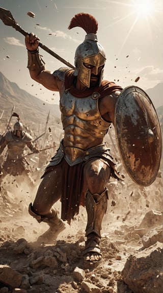 Generate an image of a Spartan Hoplite in the midst of battle, his bronze armor glinting under the sun. He stands in a dynamic pose, thrusting his spear forward, shield raised, with intense focus in his eyes. Particles of dust and debris swirl around him, capturing the chaos of combat. The background depicts an ancient battlefield with distant mountains and dramatic clouds, immersing viewers in the disciplined ferocity of this elite warrior.