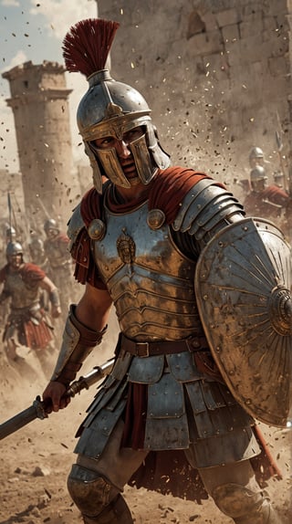 Generate an image of a Roman Legionary in the heat of battle, his rectangular shield forming an unbreakable wall. Clad in detailed segmentata armor and a crested helmet, he advances with precision and discipline. Particles of dust and sparks fill the air as he clashes with his foes. The background should depict the grandiosity of an ancient Roman battlefield with distant ruins and dramatic skies, showcasing the formidable power and organization of this elite soldier.