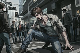 A young man, around his late 20s, with a slim build and casual attire, is experiencing a heart attack. He is clutching his chest with one hand, his face contorted in pain and distress. The man is collapsing to the ground, his knees buckling under him, in a dramatic and intense moment.

The background is a modern urban setting, such as a city street, a park, or a bustling office environment. Passersby or colleagues in the background look alarmed and concerned, some reaching out to help. The scene captures the urgency and gravity of the situation.

The young man is wearing a casual outfit, such as jeans and a t-shirt, with a jacket or hoodie. His expression conveys shock and agony, his eyes wide, and his mouth slightly open as he gasps for breath. The lighting is natural, emphasizing the realism and intensity of the moment.