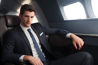 A handsome European male with a chiseled jawline, sharp features, and a confident demeanor. He has short, neatly styled hair, either dark brown or black, and piercing blue eyes. His skin is fair, with a healthy, natural glow. He is dressed in a well-fitted, tailored suit, consisting of a dark navy or charcoal gray blazer and matching trousers. The suit is paired with a crisp white dress shirt and a stylish tie, either in a solid color or with a subtle pattern. He wears polished black leather shoes, completing the sophisticated look.sitting inside an airplane near a window, looking to right side with a friendly expression, engaged in conversation.The image is a masterpiece, high-resolution, and of high quality with low saturation, highly detailed, and soft shading. The lighting is soft and diffused, enhancing the natural look of the scene.