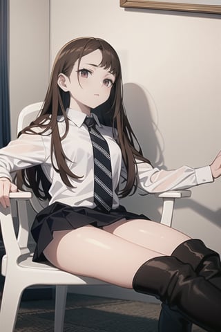 Highly detailed, high quality, masterpiece, beautiful. (medium seated shot), a girl with almost blonde brown hair, with dark brown eyes, in a white room, sitting on a white chair with her legs closed and crossed elegantly, wearing a formal black skirt and black boots, the boots are up to knee, and with a long-sleeved white shirt. His legs are thick. chinese cute type