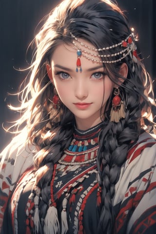 4k,best quality,masterpiece,20yo 1girl,(traditional Cherokee Indian costume, alluring smile, head ornaments 

(Beautiful and detailed eyes),
Detailed face, detailed eyes, double eyelids ,thin face, real hands, muscular fit body, semi visible abs, ((short hair with long locks:1.2)), black hair, black background,


real person, color splash style photo,
