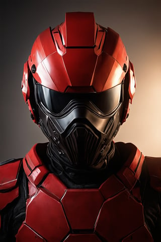 A close-up shot of a soldier's helmet, featuring a red power armor suit with a black mask covering their face. The lighting is dimly lit with a warm glow, highlighting the metallic texture of the armor. The composition is tight, focusing on the details of the helmet and mask. The subject, the soldier, is in a neutral pose, looking straight ahead.,snukp,helmet with mask