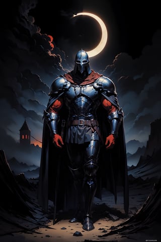 very detailed, high quality, masterpiece, beautiful (mid-length shot), 1 man alone black knight,sad,thoughtful,smoking,relaxed,(red eyes, muscular), black medieval helmet, black bib, black pants, black boots under the night in a full moon.