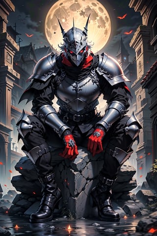 very detailed, high quality, masterpiece, beautiful (mid-length shot), 1 boy alone black knight, sitting on a stone sad, thoughtful, (red eyes, muscular), black medieval helmet, black bib, black pants, black boots under the night in a full moon.