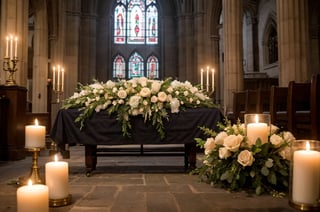  A man is lying in a wooden coffin, his eyes closed, and appears to be resting peacefully. He is dressed in a dark, possibly black, garment.  The coffin is adorned with a variety of flowers, which are placed both inside and around it. The flowers include roses and other blossoms in various colors such as pink, white, yellow, and red. The floral arrangement gives the scene a somber yet beautiful ambiance.  The setting seems to be an indoor location, possibly a church or chapel. The background features stone walls, adding to the solemn atmosphere. There are also decorative elements such as statues or carvings on the walls. Several candles are lit and placed around the coffin, providing a warm and soft light to the scene. The overall lighting is dim and soft, enhancing the peaceful and respectful mood. The candles contribute to the ambient light, casting gentle shadows. The image evokes a sense of tranquility, respect, and reflection, fitting for a memorial or funeral setting. The careful arrangement of flowers and candles signifies care and reverence. This detailed description highlights the elements that contribute to the overall atmosphere and emotional impact of the scene.