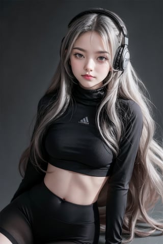 warm light room Beautiful woman with silver long hair against a grey background.over-the-ear headphones Smile,black tights top,Girl