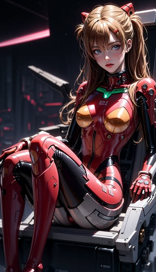 Asuka Langley a spaceship pilot in a latex suit with robotic limbs, laying down in a pod, in a cyberpunk setting, cyborg, implants, high details, realistic, photorealism, 8k,souryuuasukalangley