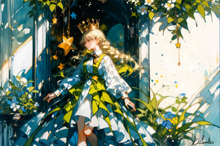 (by ningenmame:1.1), (by ciloranko:1.2),(by sho_(sho_lwlw):1.2)contemporary anime illustration,flower, dress, blonde_hair, long_hair, white_dress, crown, 2girls, star_(symbol), long_sleeves, profile, ribbon, walking, signature, traditional_media, plant, braid,fantasy,pop culture references,Masterpiece, good quality,very aesthetic, absurdres, ultra-detailed,watercolor \(medium\),niji6