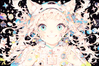 glitch art, A cute blue and white furry cat with black space helmet, glitchcore, A vibrant, psychedelic collage of iconic 90s pop culture elements like pixelated video game characters and neon colors. The background is filled with swirling patterns and holographic effects. In the center there's an oversized cartoon character smiling surrounded by colorful stickers saying "smile" and "sparkle", in the style of Hardigits, pixelated, glitched, fragmented, digital print on black background,(Masterpiece, good quality: 1.4),very aesthetic, absurdres, ultra-detailed