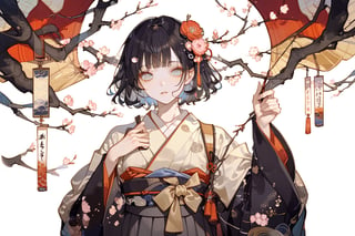 traditional Japanese illustration, nihonga, solo, black_hair, japanese_clothes, upper_body, wide_sleeves, flower, long_sleeves, 1boy, male_focus, blue_kimono, kimono, short_hair, pink_flower, hakama, branch, hands_up, 1girl, looking_to_the_side, cherry_blossoms, blue_hakama,Masterpiece, good quality,very aesthetic, absurdres, ultra-detailed,emo,warrior