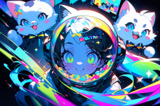 glitch art, A cute blue and white furry cat with black space helmet, glitchcore, A vibrant, psychedelic collage of iconic 90s pop culture elements like pixelated video game characters and neon colors. The background is filled with swirling patterns and holographic effects. In the center there's an oversized cartoon character smiling surrounded by colorful stickers saying "smile" and "sparkle", in the style of Hardigits, pixelated, glitched, fragmented, digital print on black background,(Masterpiece, good quality: 1.4),very aesthetic, absurdres, ultra-detailed,hentai,Anime 