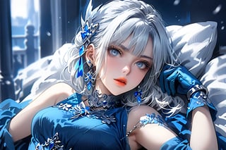 by Posuka Demizu,1girl, solo, blue_theme, dress, short_hair, lying, gloves, looking_at_viewer, on_back, blue_dress, parted_lips, white_hair, hair_ornament, blue_gloves, bangs,Masterpiece, good quality,very aesthetic, absurdres, ultra-detailed,niji5