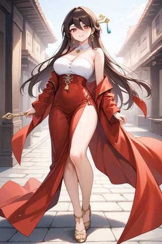 1 girl, Beidou, Genshin impact, alternate costume, long hair, dark brown hair, original hair, ruby colored eyes, with a red patch over the left eye, good 4kquality light red suit full body realistic. And standing.zoom out on her face near camera and giving pose.too near on camera professional photography elegent, and confident .single body picture