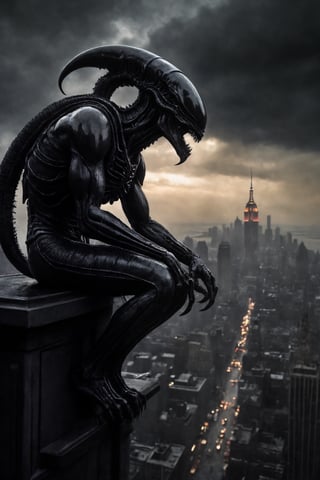 score_9,score_8_up, Masterpiece, insanely detailed, moody dark atmosphere, in the style of H.R. Giger, an Alien Xenomorph perched on the end of a gargoyle on the Empire State Building, looking down at the city during a thunderstorm. Dynamic lighting, insane level of detail, detailed shadows adding to an ominous atmosphere.
