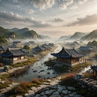 traditional Korea, the land of Hanok and hanbok dress, vast surreal landscape and horizon , masterpiece!!!, grand!, imaginative!!!, whimsical!!, epic scale, intricate details, sense of awe, elite, wonder, insanely complex, masterful composition!!!, sharp focus, fantasy realism, dramatic lighting,photorealism, 8k, daytime 