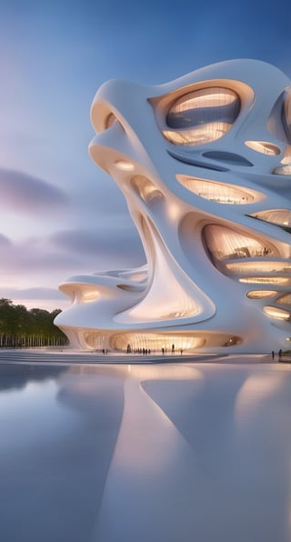 (master piece)(biomorphic building), smooth facade, zaha hadid, glass windows,  '90s warm light,concrete, Natural forest environment,minimalism, house with radiance , front street view,photo-realistic,hyper-realistic, parametric architecture,8k, ultra details,Low-rise building,Manufactured goods,Theatre stadium, Future Tower,ellipsoid,tarmac,Air terminal,seaside,musicality,less 
perforation,Tall and straight,freshness,Wide open space,Distant view,newage,At nightfall,Hard line,
Nordic style.
An architectural wonder with a daring configuration and ground-breaking design.This structure could be a museum or a company building.4k image photo like,(detailed),Futuristic,Design,water,The wind,