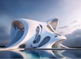 (master piece)(biomorphic building), smooth facade, zaha hadid, glass windows,  '90s warm light,concrete, Natural forest environment,minimalism, house with radiance , front street view,photo-realistic,hyper-realistic, parametric architecture,8k, ultra details,Low-rise building,Manufactured goods,Theatre stadium, Future Tower,ellipsoid,tarmac,Air terminal,seaside,musicality,less 
perforation,Tall and straight,freshness,Wide open space,Distant view,newage,At nightfall,Hale and hearty,Hard line,,
Nordic style,
An architectural wonder with a daring configuration and ground-breaking design.This structure could be a museum or a company building.4k image photo like,(detailed),Futuristic,Design,water,The wind,