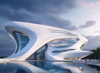 (master piece)(biomorphic building), smooth facade, zaha hadid, glass windows,  '90s warm light,concrete, Natural forest environment,minimalism, house with radiance , front street view,photo-realistic,hyper-realistic, parametric architecture,8k, ultra details,Low-rise building,Manufactured goods,Theatre stadium, Future Tower,ellipsoid,tarmac,Air terminal,seaside,musicality,less 
perforation,Tall and straight,freshness,Wide open space,Distant view,newage,At nightfall,Hale and hearty,Hard line,,
Nordic style,
An architectural wonder with a daring configuration and ground-breaking design.This structure could be a museum or a company building.4k image photo like,(detailed),Futuristic,Design,water,The wind,