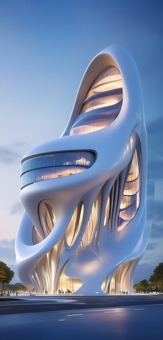 (master piece)(biomorphic building), smooth facade, zaha hadid, glass windows,  '90s warm light,concrete, Natural forest environment,minimalism, house with radiance , front street view,photo-realistic,hyper-realistic, parametric architecture,8k, ultra details,Low-rise building,Manufactured goods,Theatre stadium, Future Tower,ellipsoid,tarmac,Air terminal,seaside,musicality,less 
perforation,Tall and straight,freshness,Wide open space,Distant view,newage,At nightfall,Hale and hearty,Hard line,

An architectural wonder with a daring configuration and ground-breaking design.This structure could be a museum or a company building.4k image photo like,(detailed),Futuristic,Design,water,The wind,