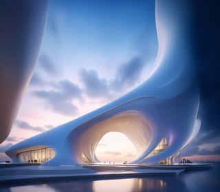 (master piece)(biomorphic building), smooth facade, zaha hadid, glass windows,  '90s warm light,concrete, Natural forest environment,minimalism, house with radiance , front street view,photo-realistic,hyper-realistic, parametric architecture,8k, ultra details,Low-rise building,Manufactured goods,Theatre stadium, Future Tower,ellipsoid,tarmac,Air terminal,seaside,musicality,less 
perforation,Tall and straight,freshness,Wide open space,Distant view,newage,At nightfall,Hale and hearty,Hard line,,
Nordic style,
An architectural wonder with a daring configuration and ground-breaking design.This structure could be a museum or a company building.4k image photo like,(detailed),Futuristic,Design,water,The wind,